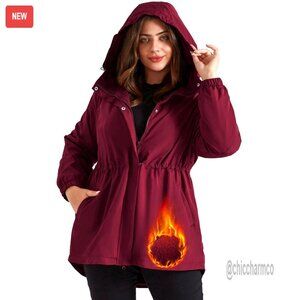 Plus Size Fleece Lined Waterproof Rain Jacket Hooded Windbreaker Pockets